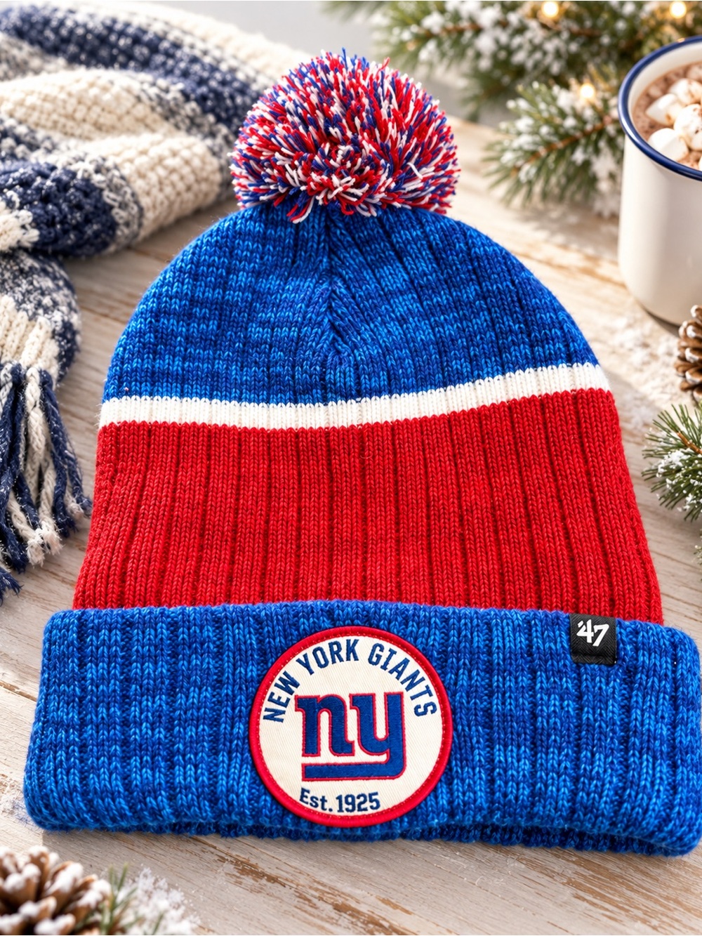 New York Giants ’47 Brand Pom Pom Cuffed Knit Beanie Blue Red OSFA